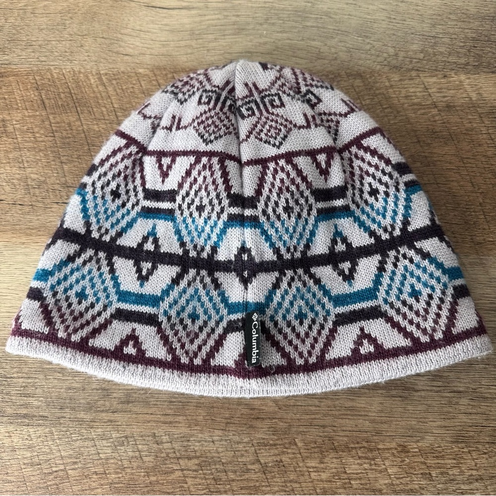COLUMBIA Unisex Vintage Fair Isle Wool Blend Knit Beanie Toque Grey Blue Maroon - Picture 8 of 12